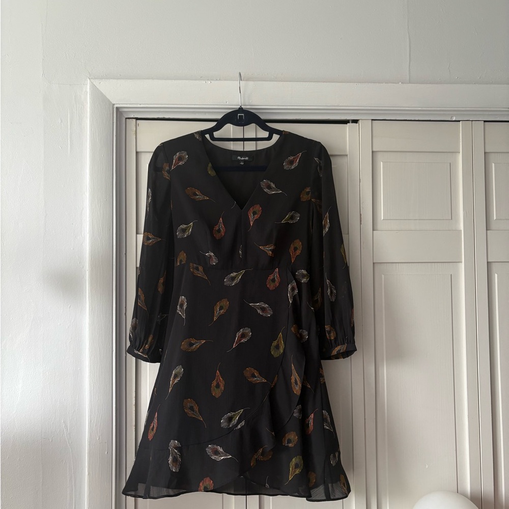 Madewell chiffon Black Feather Print Dress